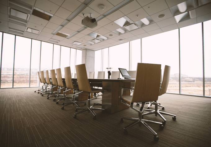 A fancy clean board room in a high-rise building